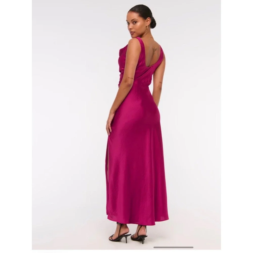 Abercrombie & fitch Satin Cowl Neck Ruched Maxi Dress Magenta Pink Formal XL new